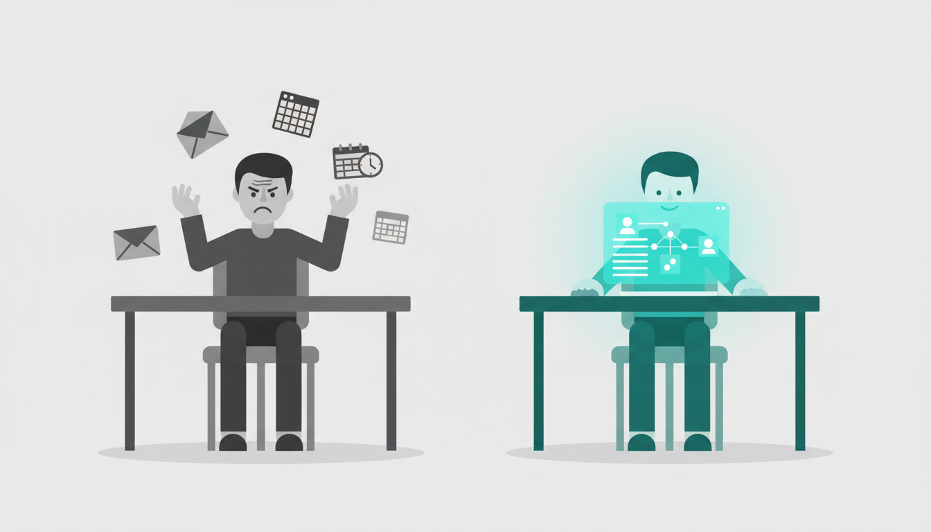 Ilustração comparando dois profissionais: à esquerda, pessoa sobrecarregada  gerenciando múltiplos sistemas desconectados; à direita, pessoa organizada  utilizando o Bitrix24 como plataforma unificada de gestão.