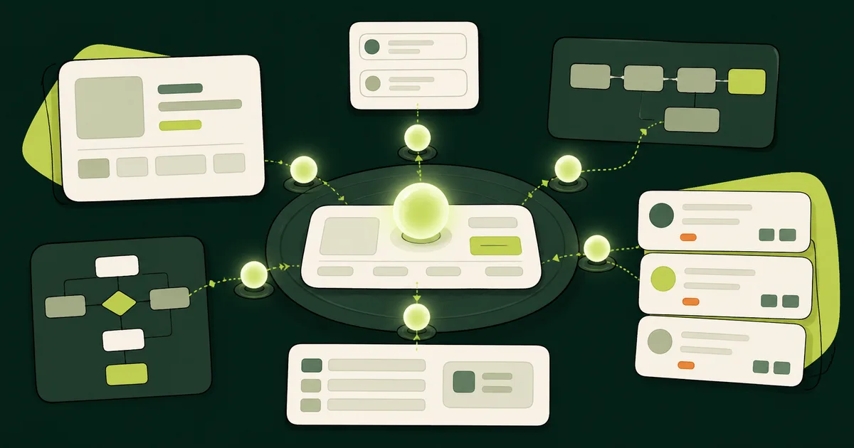 Painéis de interface, fluxogramas e cards de contato ligados por esferas luminosas a uma tela central, em tons de verde escuro e creme