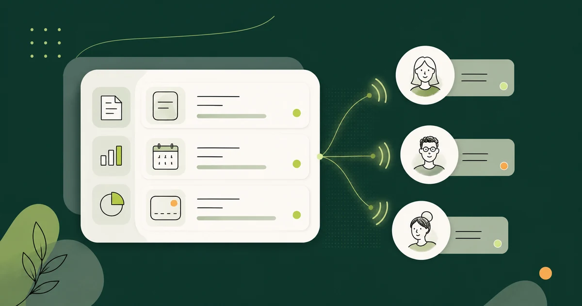 Ilustração de um painel financeiro com documentos ligados a mensagens de lembrete enviadas a pessoas