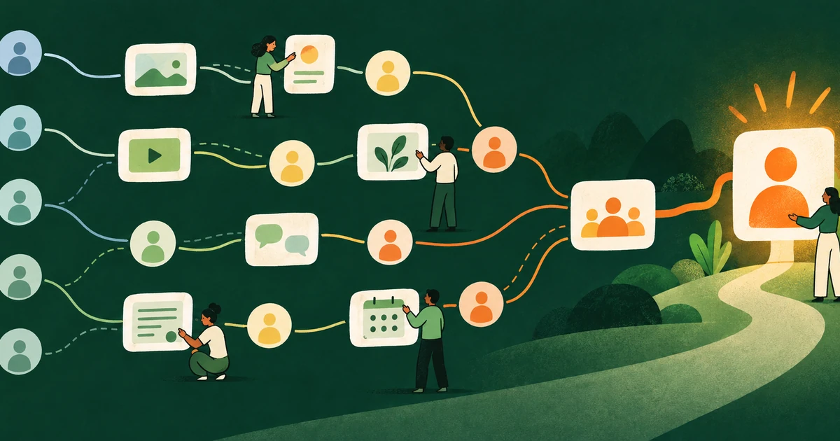 Ilustração de leads em fluxos paralelos que passam por conteúdos e convergem em um contato destacado, com pessoas ajustando cada etapa