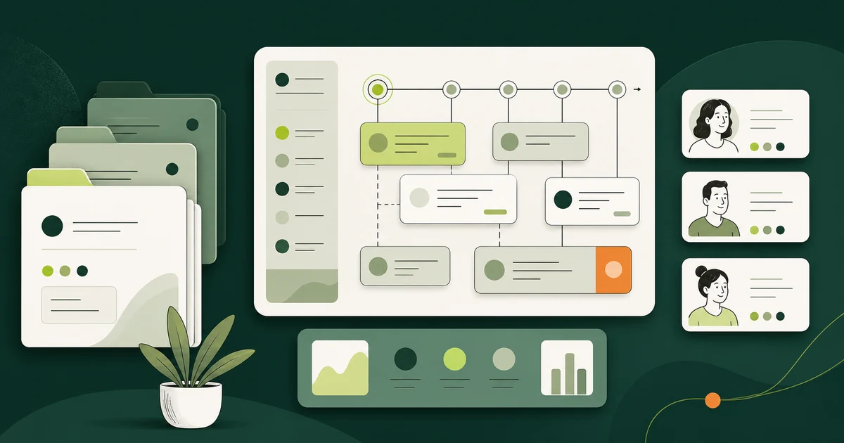 Ilustração de pilhas de documentos, um fluxo de etapas e fichas de clientes organizadas