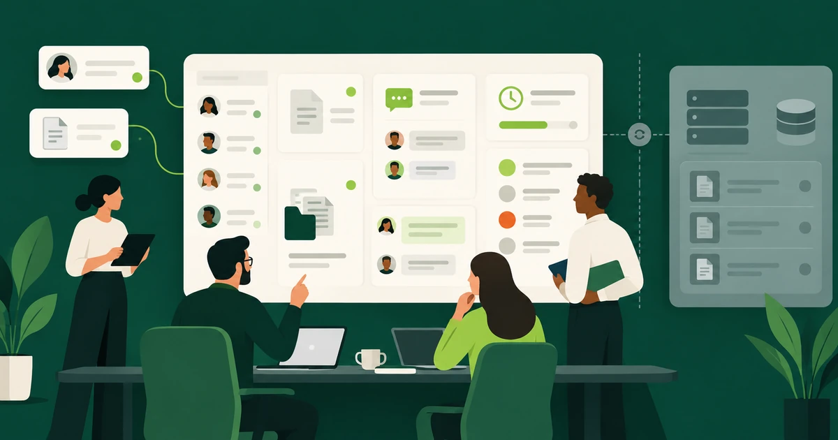 Ilustração de equipe em frente a um grande painel com cadastros, documentos, conversas e prazos, ligado a um painel de arquivos ao lado