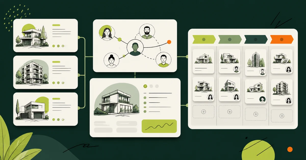 Ilustração com cards de imóveis, uma rede de contatos e um quadro de etapas com colunas coloridas