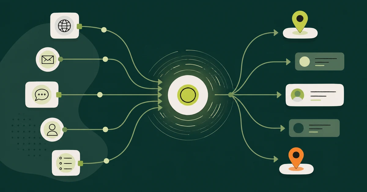 Ilustração de pontos de entrada de leads convergindo para um hub central e ramificando em caminhos de acompanhamento