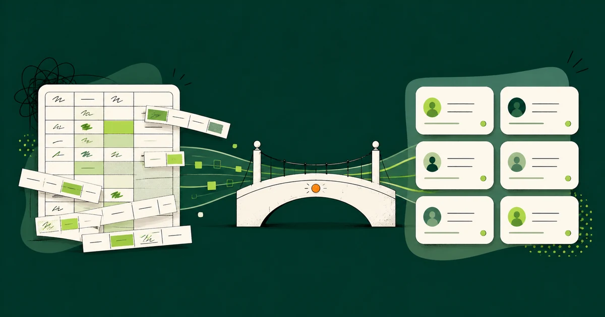 Ilustração de uma planilha desorganizada ligada por uma ponte a cards de cliente já estruturados