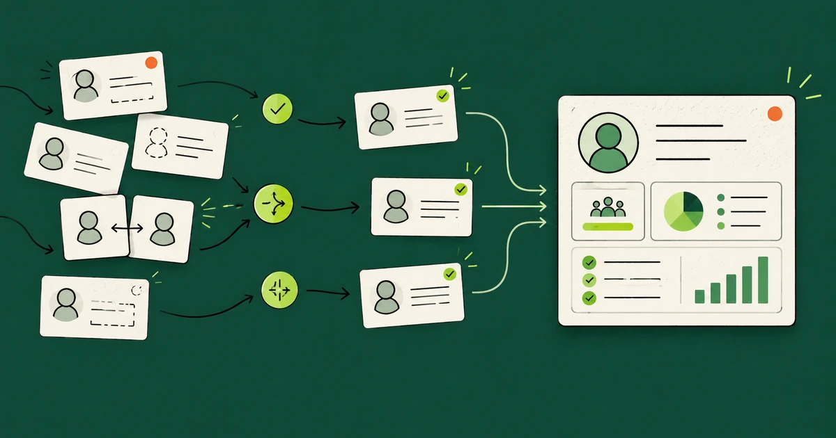 Ilustração de cartões de contato irregulares sendo validados e reunidos em uma ficha completa com gráficos, sobre fundo verde