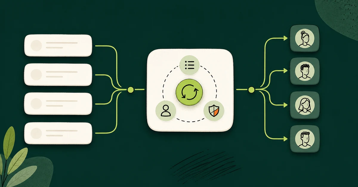 Ilustração de entradas de lead convergindo para um hub central com ciclo de rodízio e saindo para pessoas responsáveis
