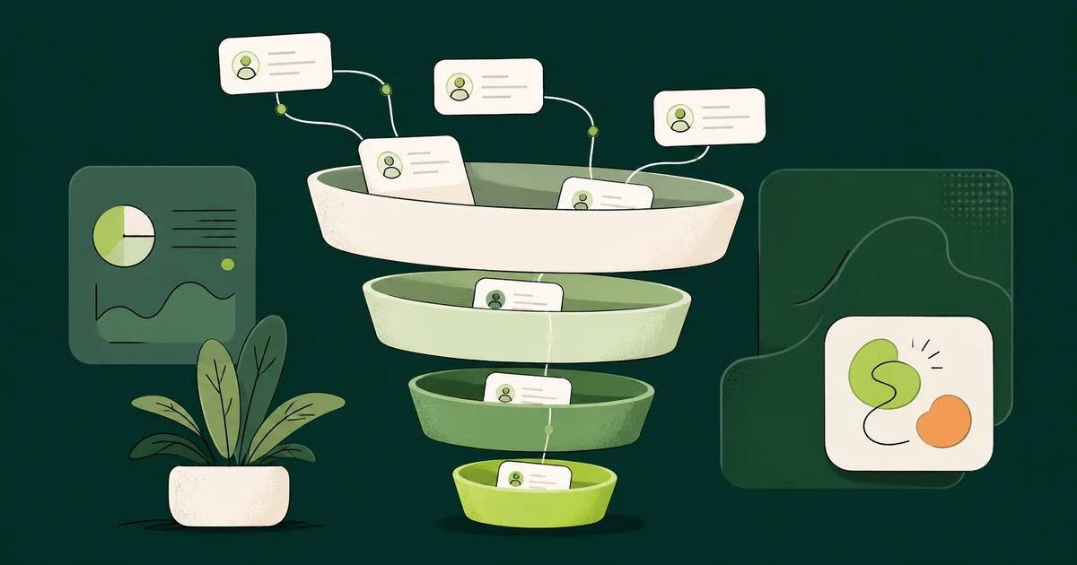 Ilustração de um funil de vendas com etapas arredondadas e cards de negócio descendo de forma organizada