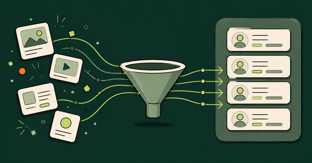 Ilustração de cards de anúncio e formulário entrando num funil e saindo como uma lista organizada de leads