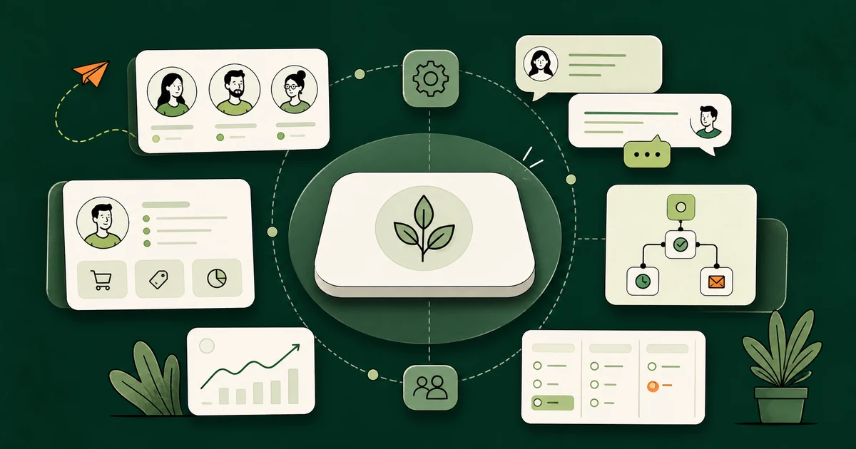 Ilustração de um hub central cercado por módulos de CRM, tarefas, canais e relatórios conectados