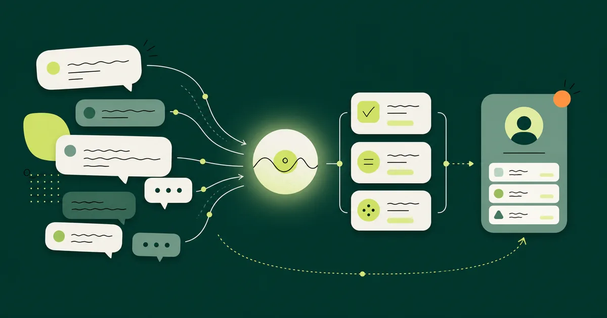 Balões de conversa entram num círculo central luminoso e saem como cards de tarefa até chegar ao perfil de um contato, sobre fundo verde escuro