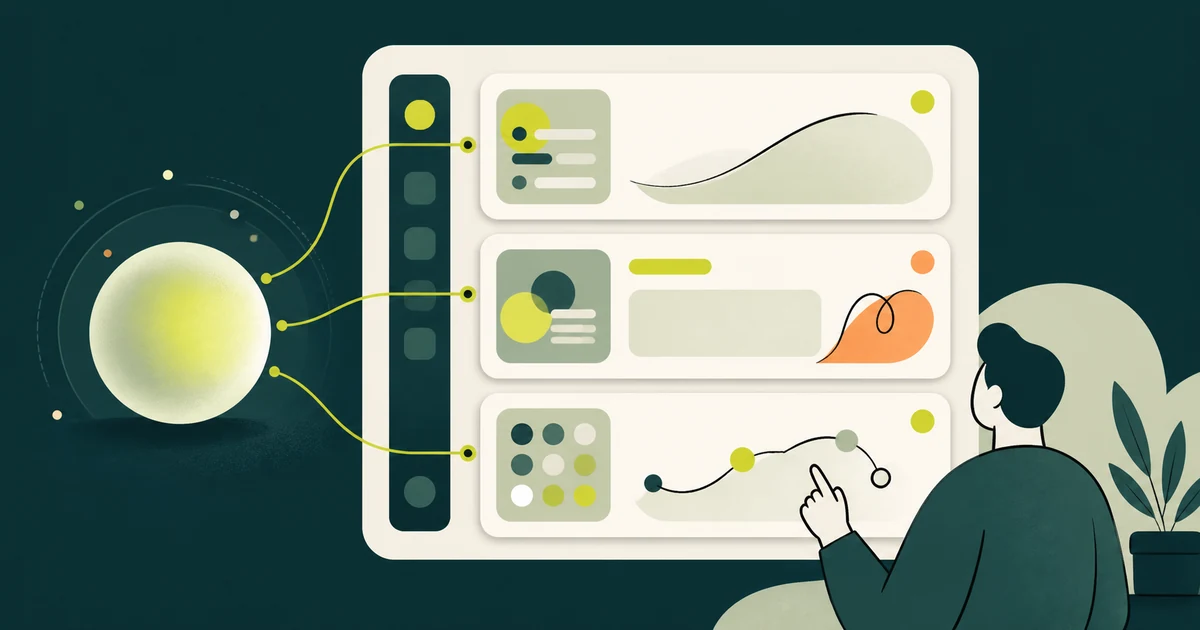 Ilustração de um assistente de IA representado por uma esfera luminosa conectada a cards de tarefa num painel de CRM
