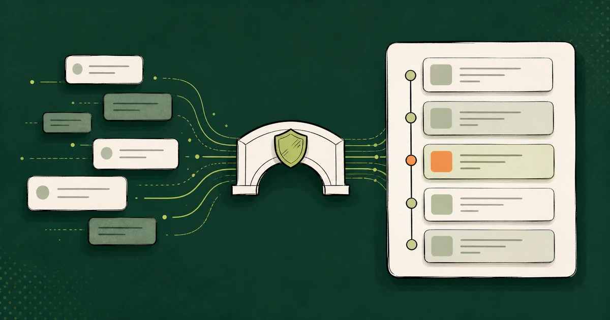 Ilustração de mensagens atravessando um portal de integração até uma lista estruturada de atendimentos
