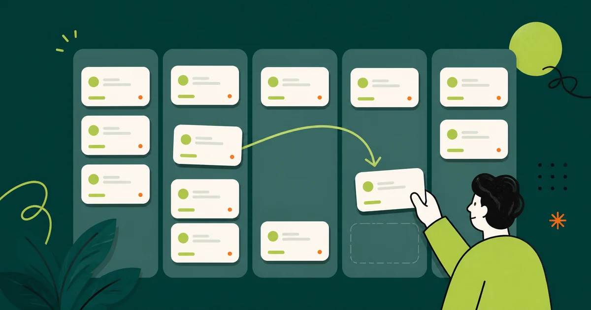 Ilustração de um quadro kanban com colunas de etapas e uma pessoa movendo um cartão entre elas