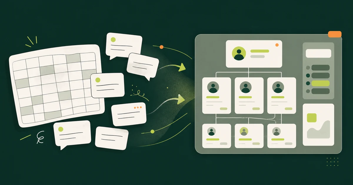 Ilustração contrastando uma planilha com anotações soltas de um lado e uma estrutura de CRM organizada do outro