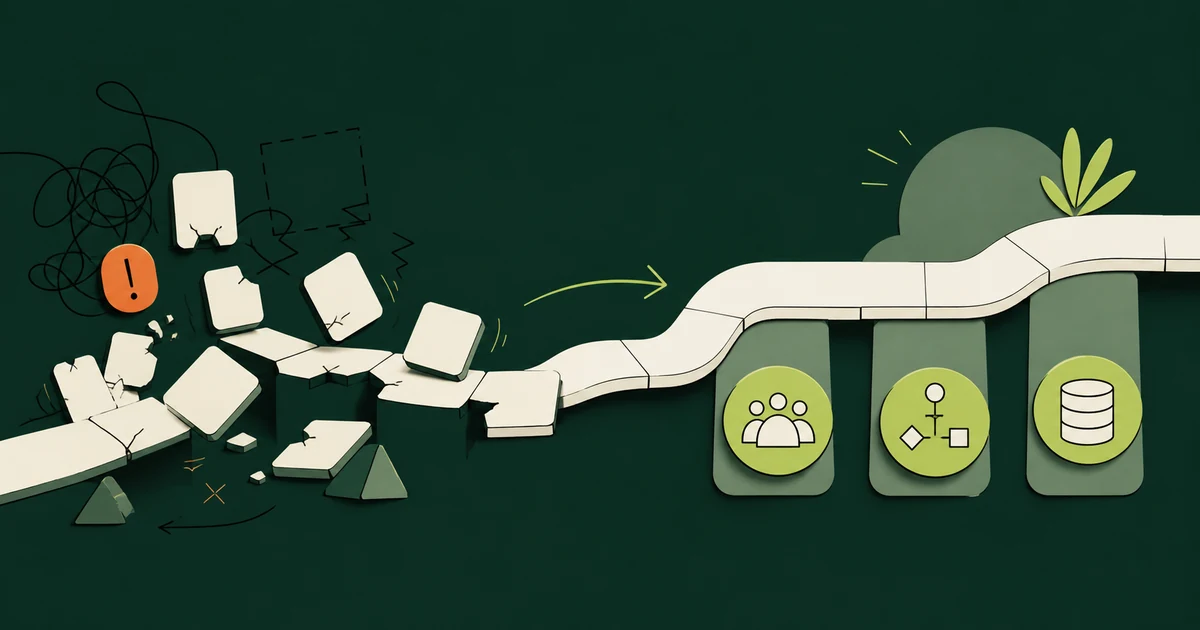 Ilustração de cards caindo em desordem de um lado e um caminho organizado se formando do outro