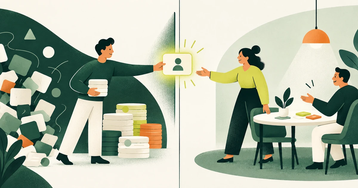 Ilustração dividida: homem com pilhas de cartões entrega um cartão de contato brilhante a uma mulher, que conversa com um cliente à mesa