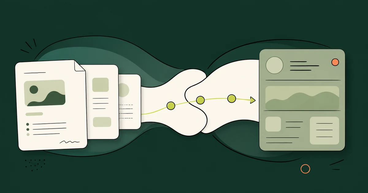 Ilustração de documentos separados convergindo para um único documento estruturado com marcador de aprovação