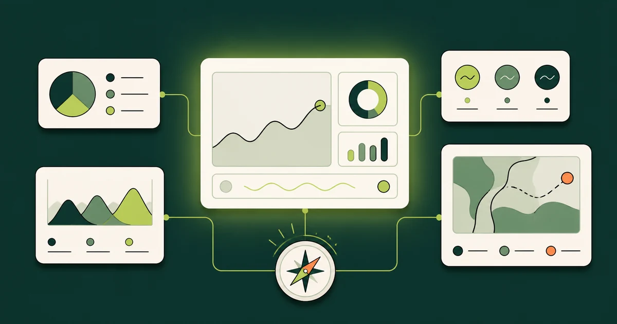 Ilustração de painéis de gráficos ao redor de um dashboard central em destaque