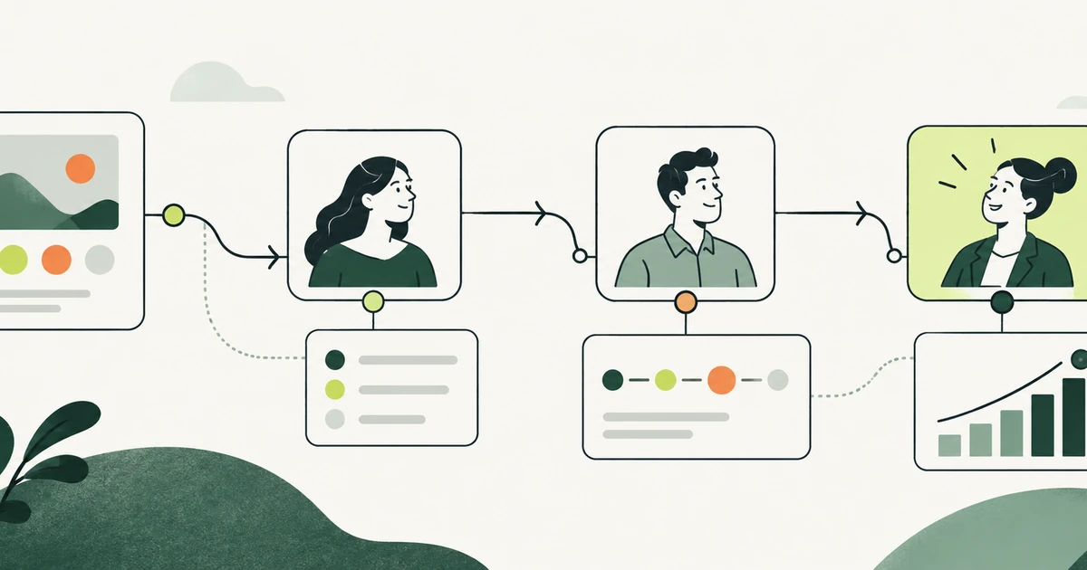 Ilustração de um fluxo de etapas com três pessoas conectadas por setas, do anúncio ao gráfico de crescimento, sobre fundo claro