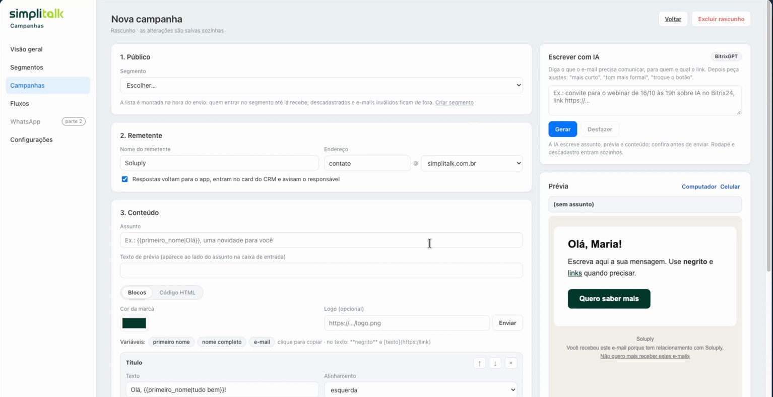 Editor de nova campanha do Simplitalk Campanhas com público, remetente, conteúdo em blocos, escrita com IA e prévia do e-mail