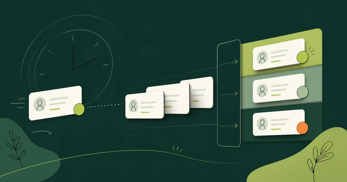 Ilustração de um relógio ao lado de cards de atendimento em sequência, com faixas de prazo e responsáveis
