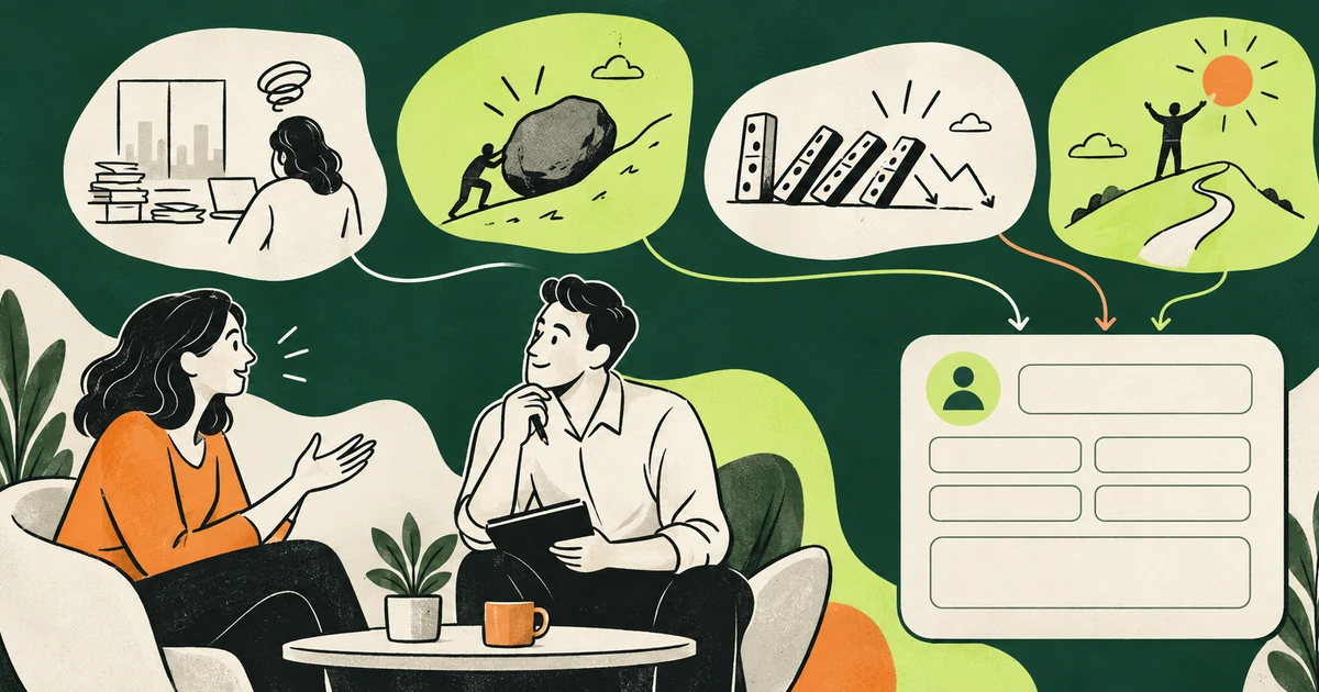 Duas pessoas conversam em uma sala, cercadas por plantas, com balões de ideias ligados a um cartão de cadastro de CRM.