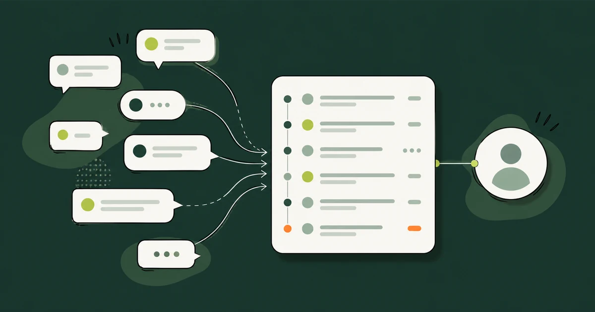 Ilustração de balões de conversa fluindo para uma linha do tempo única ligada à ficha do cliente